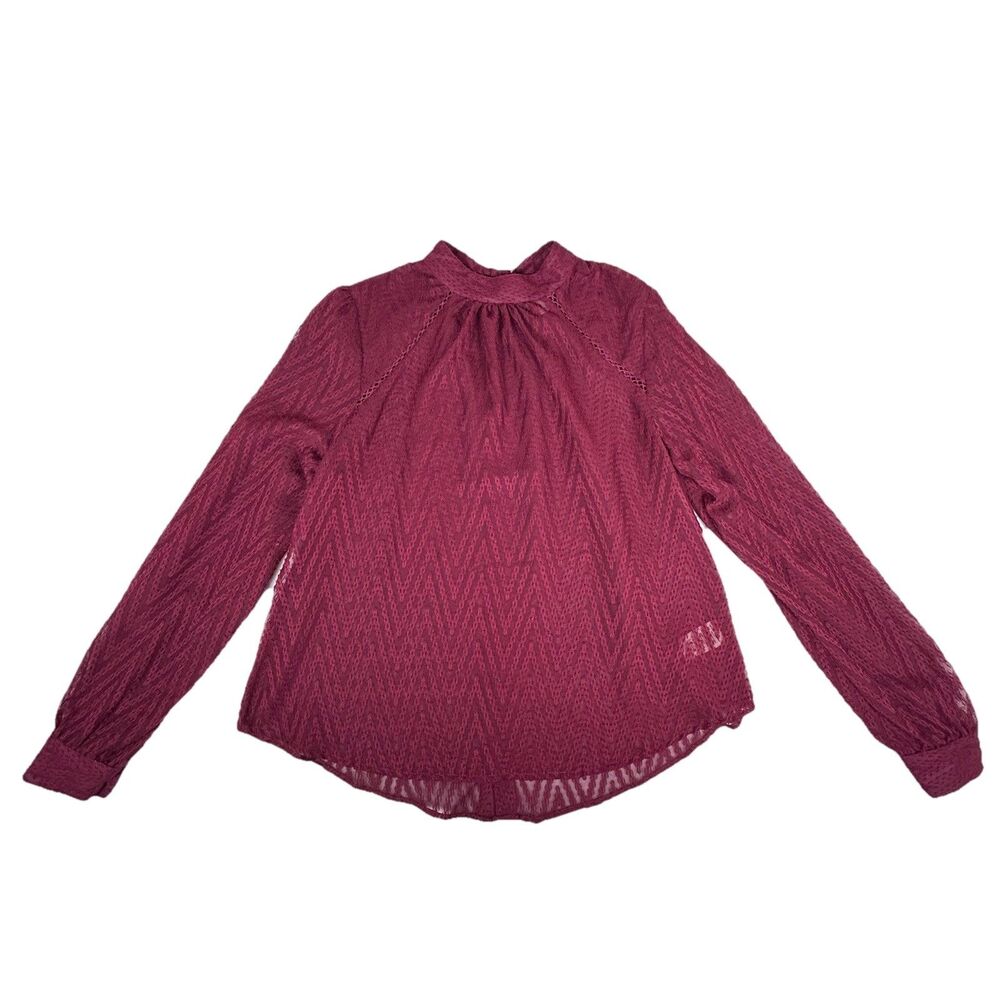 Free People button sheer geometric woven polyester long sleeve high neck Sz SP